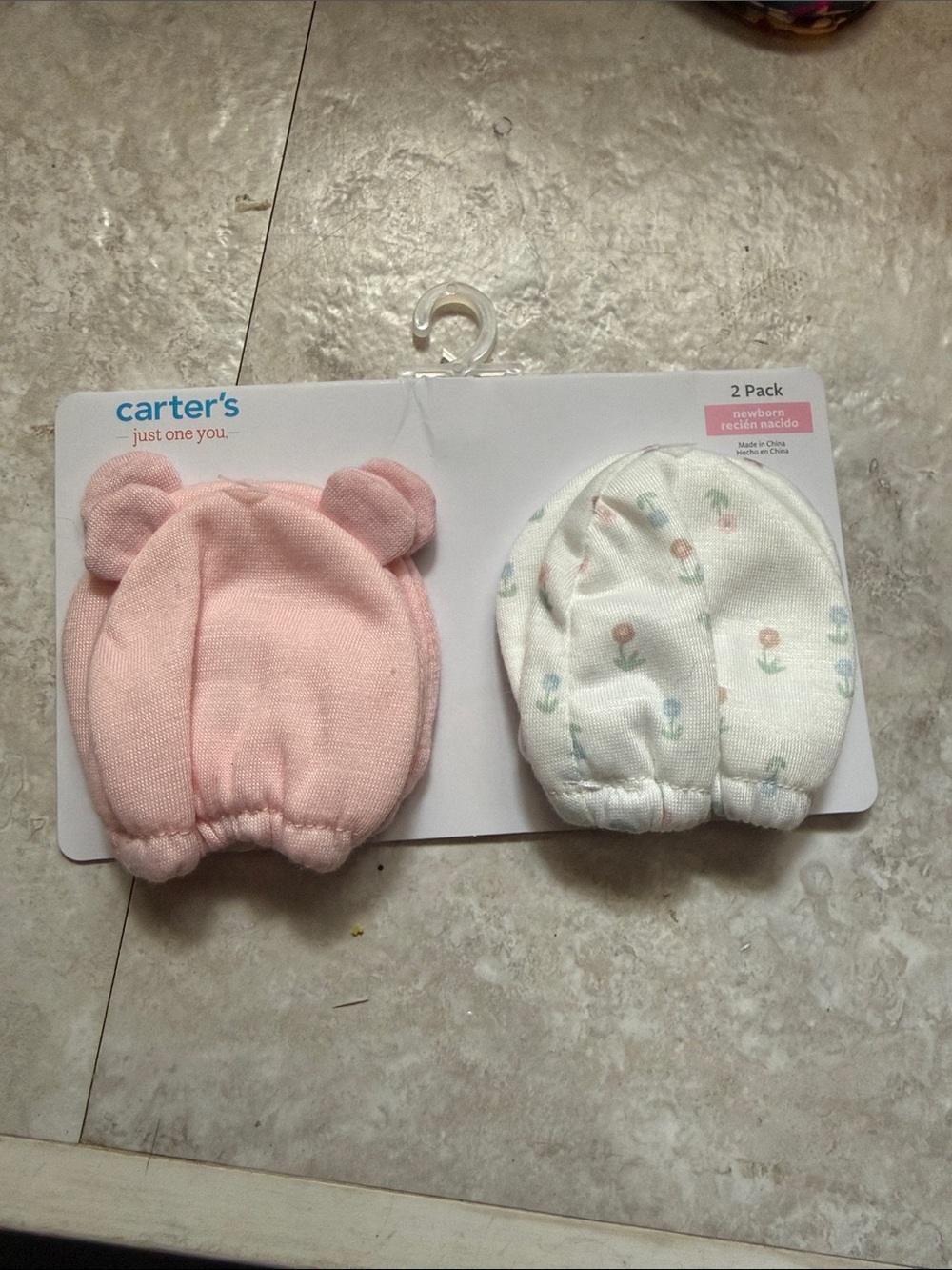 Carter's Pink Bear Ear and White Floral Newborn Mittens - 2 Pack